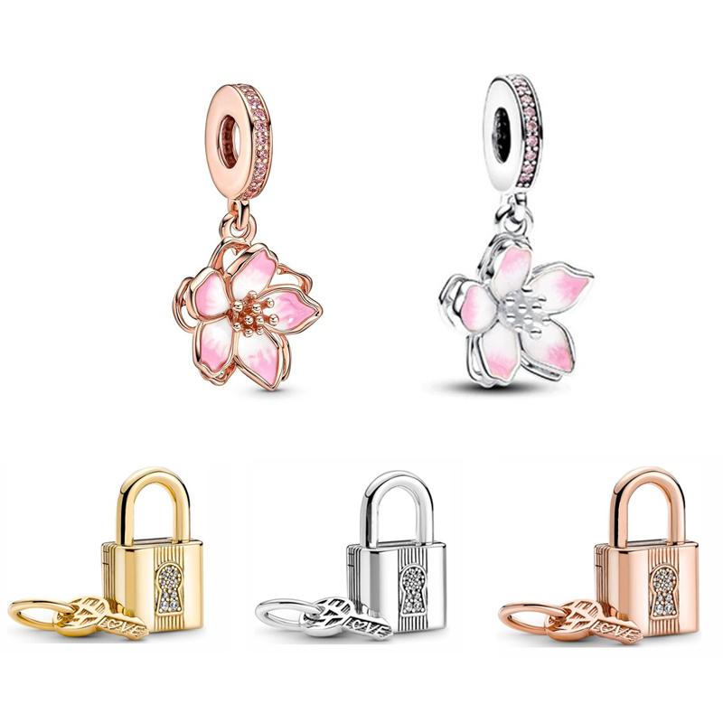 Luxury S925 Sterling Silver Loose Beads Charms Women Key Lock Flower Fits 3mm Snake Chain Bracelets Birthday Christmas Gift DIY Making Jewelry B104