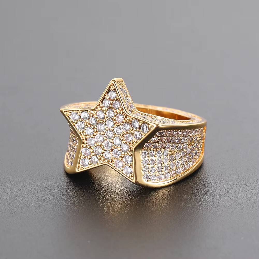 Moissanite Hip Hop Jewelry Diamond Rings Full Pave 3A CZ Stone Five Pointed Star Iced Out Rings for Men
