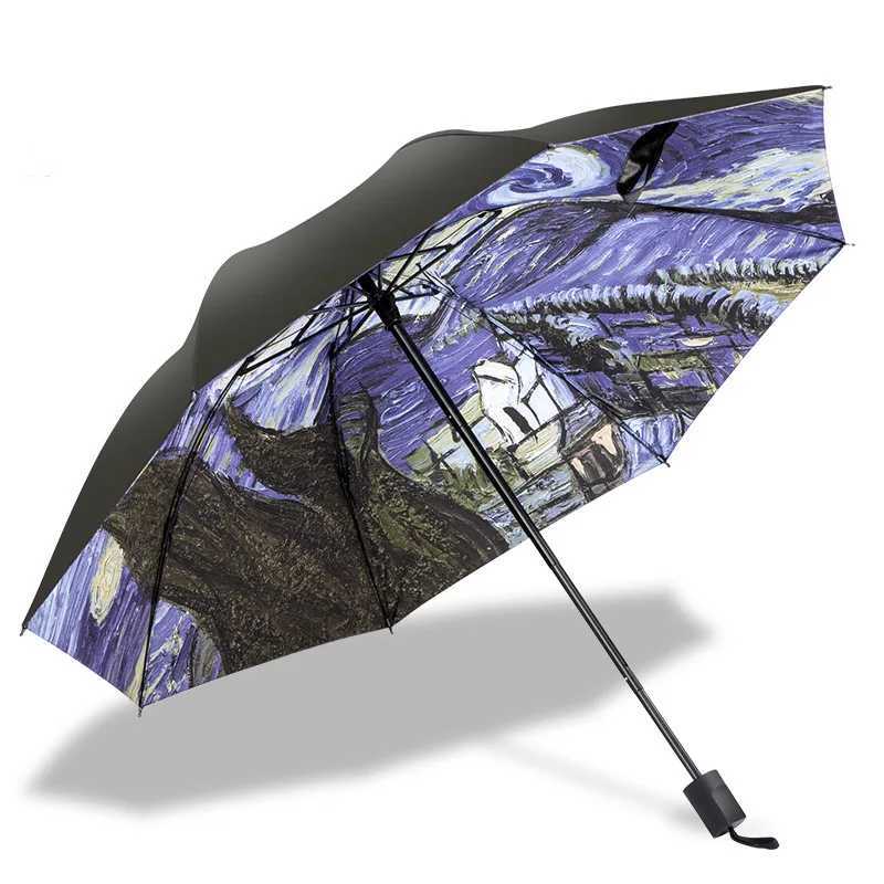 Van Gogh Art Painting Umbrella Women Men Sun Paraguas Anti UV Vinyl Fold Rain Umbrellas Outdoor Parasol For Gifts C251117