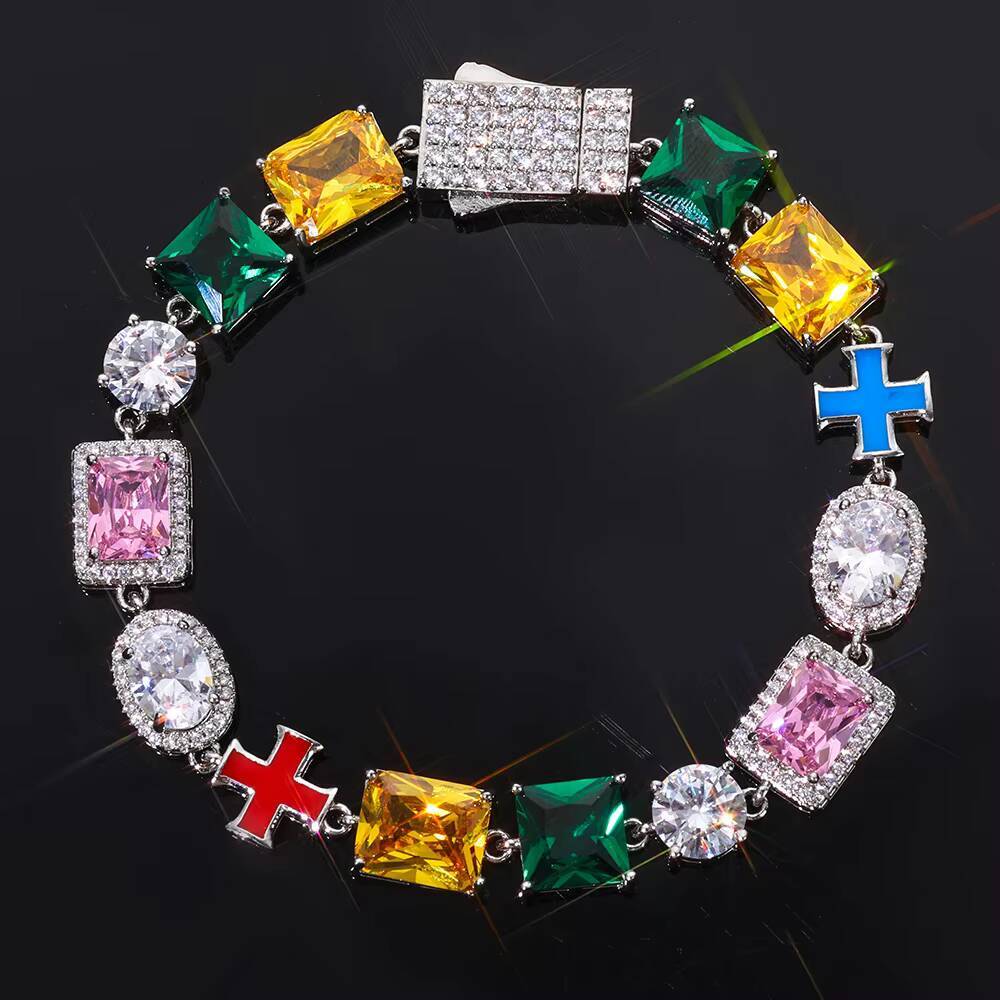 NUOYA Geometric Gemstone Bracelet 10mm Oil Drop Cross Chain Multi Color Enamel Iced Out Zircon Bling Hip Hop Jewelry