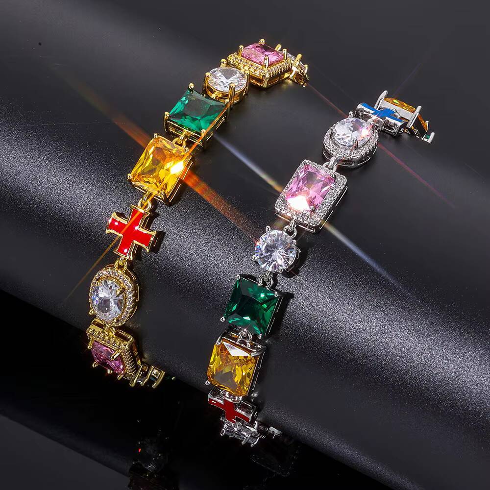 NUOYA Geometric Gemstone Bracelet 10mm Oil Drop Cross Chain Multi Color Enamel Iced Out Zircon Bling Hip Hop Jewelry