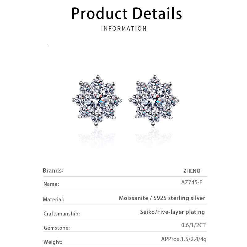 DHcollection S Sterg Sier Plated Snowflake Pt950 Gold Earring Round Cut 1-2 Carat Moissanite Women Earrings Wholesale