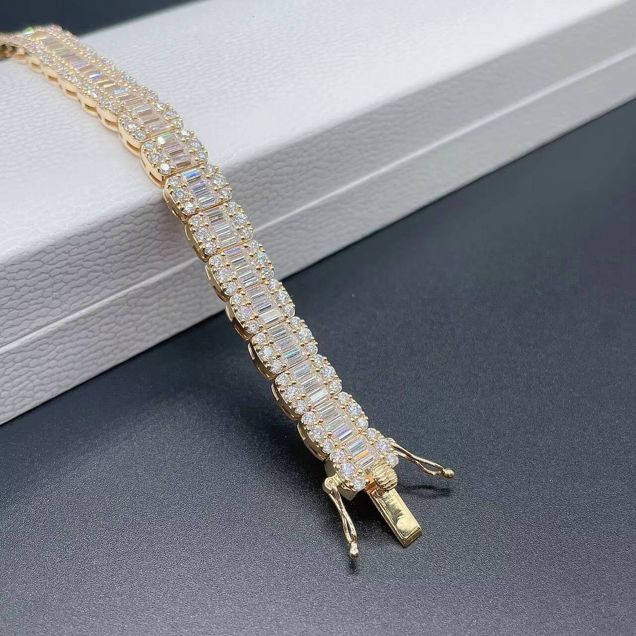 Women Custom Luxury Baguette Lab Diamond Bracelet Solid 14K Rose Gold VVS Moissanite Diamond Tennis Chain Bracelet