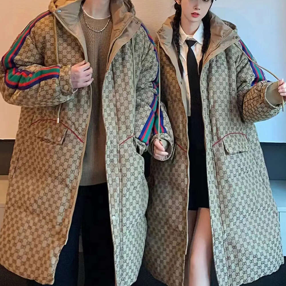 Men And Women's Couple Hooded Down Jacket, Medium Length Thickened Warm Trendy Retro Floral Coat, Winter New coat