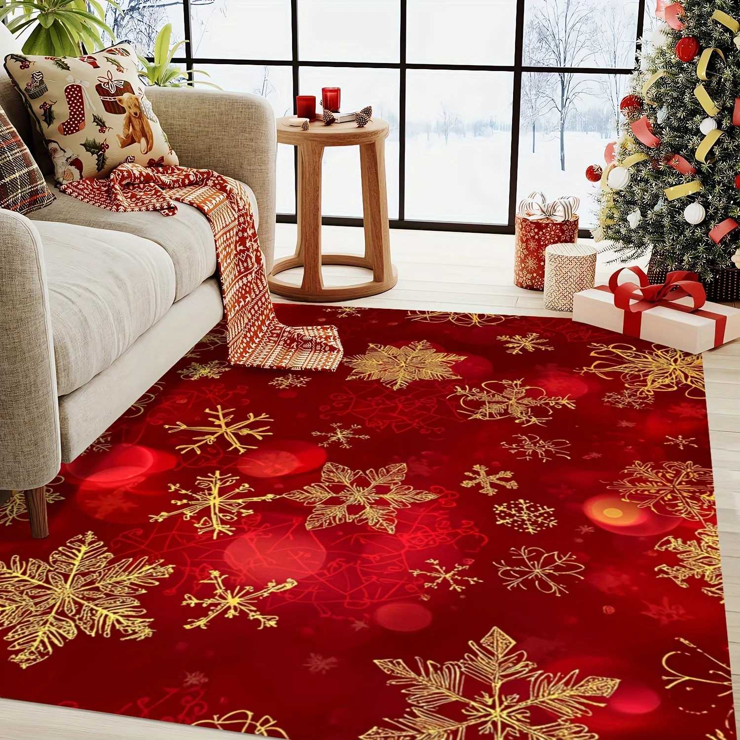 Golden Snowflake Christmas Area Rug - Featuring Red and Gold Design for Living Room Bedroom or EntrywayChristmas DecorationsM251117