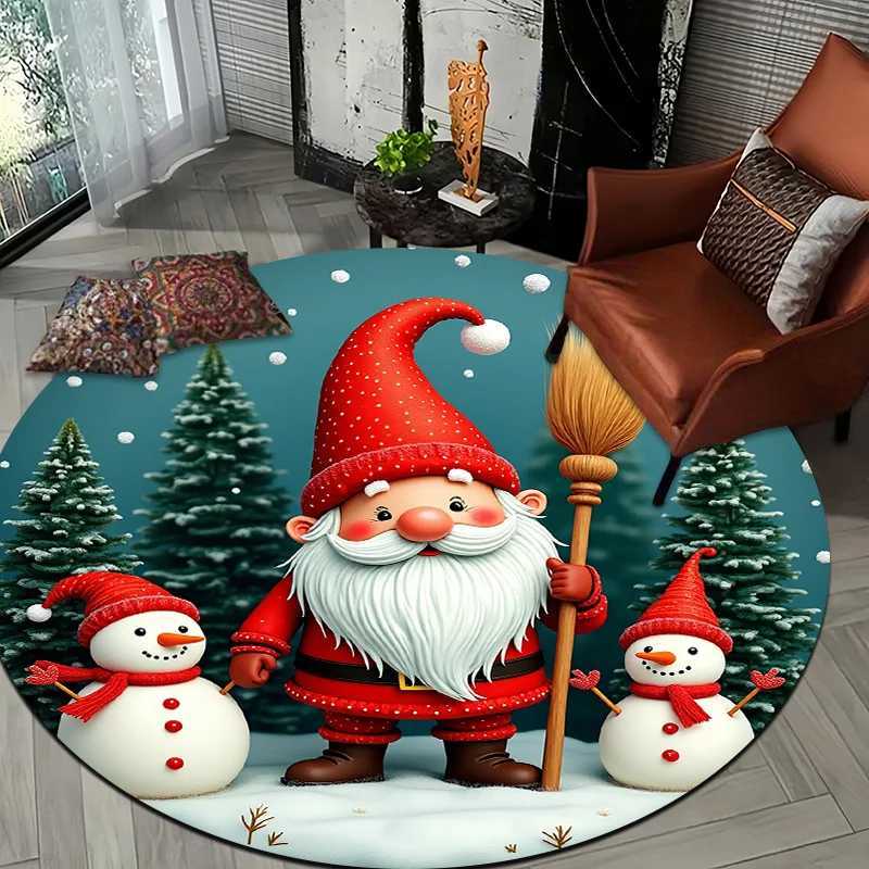 1pc Christmas Mat with Santa Snowmen - Non-Slip Round Mat Turquoise Winter Mat for /Outdoor Use Machine Washable Soft DecorM251117