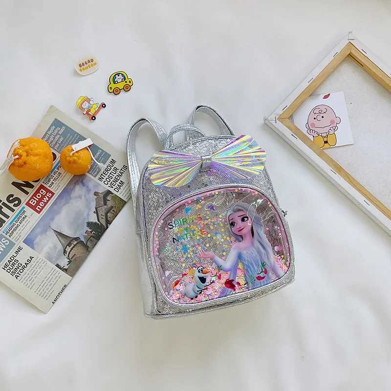 Disney Disney Frozen Backpack Glitter Frozen Elsa Anna Princess Childrens Backpack Fashion Girl Kavay PU Leather Travel Backpack GiftXJ250417