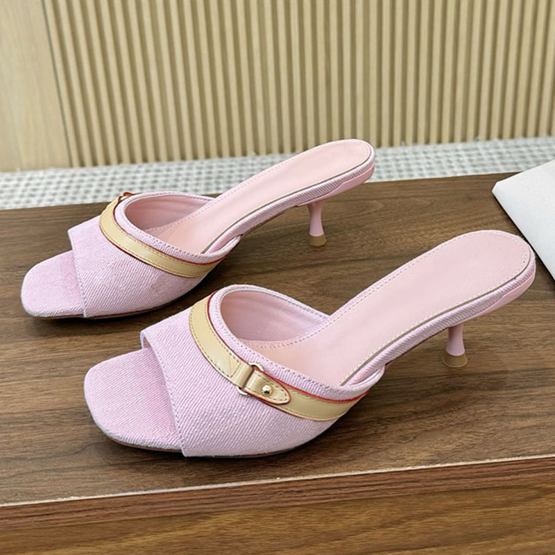 pink heels designer women sandals denim heels sandals woman luxury heels denim sandal top quality slides sliders mules beach sandale Elegant kitten heels shoes 35-42