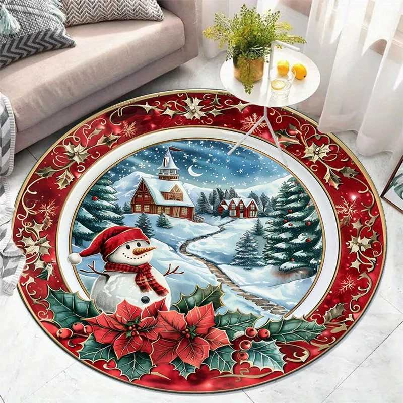 Christmas Snowman Village Scene Round Rug Red Green Winter Holiday Theme Home Decor Living Room Floor Mat Festive DecorationM251117