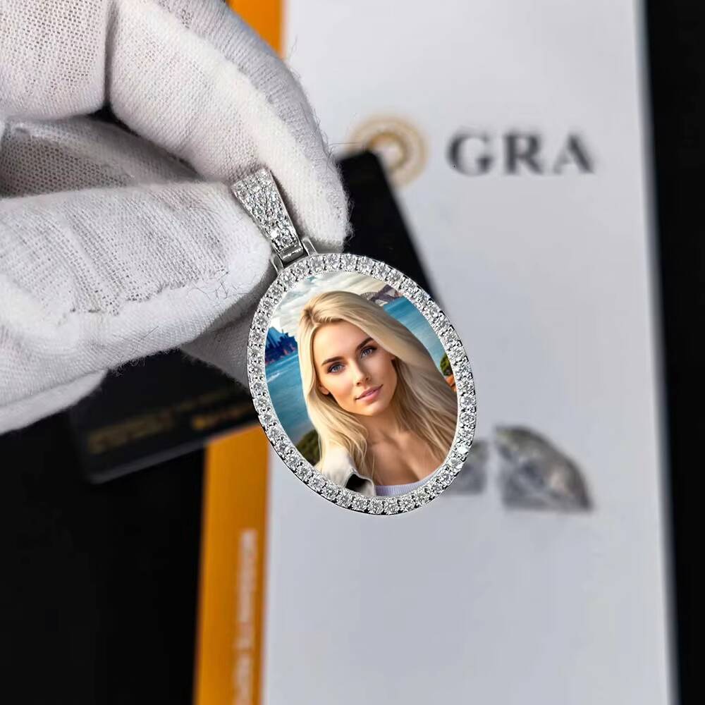 NUOYA 925 Silver VVS Moissanite Diamond Pendant Custom Oval Photo Charm Pendant Iced Out Hip Hop Memorial Jewelry for Men Women