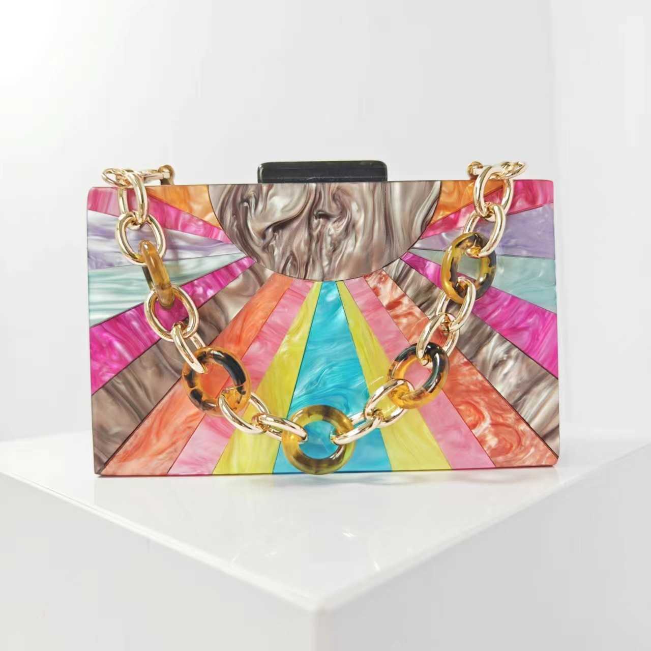 Womens Contrast Colored Spliced Acrylic Dinner Bag Single Shoulder Oblique Cross Wedding Banquet Women Bags Handbag