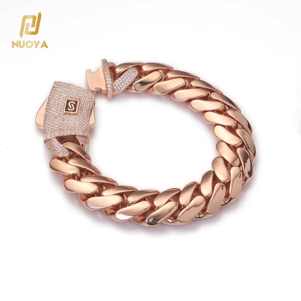 Moissanite Luxury Hip Hop Rose Gold Plated Thick Cuban Links with Diamond Clasp Mens Thick Monaco Cuban Link Chain Bracelet