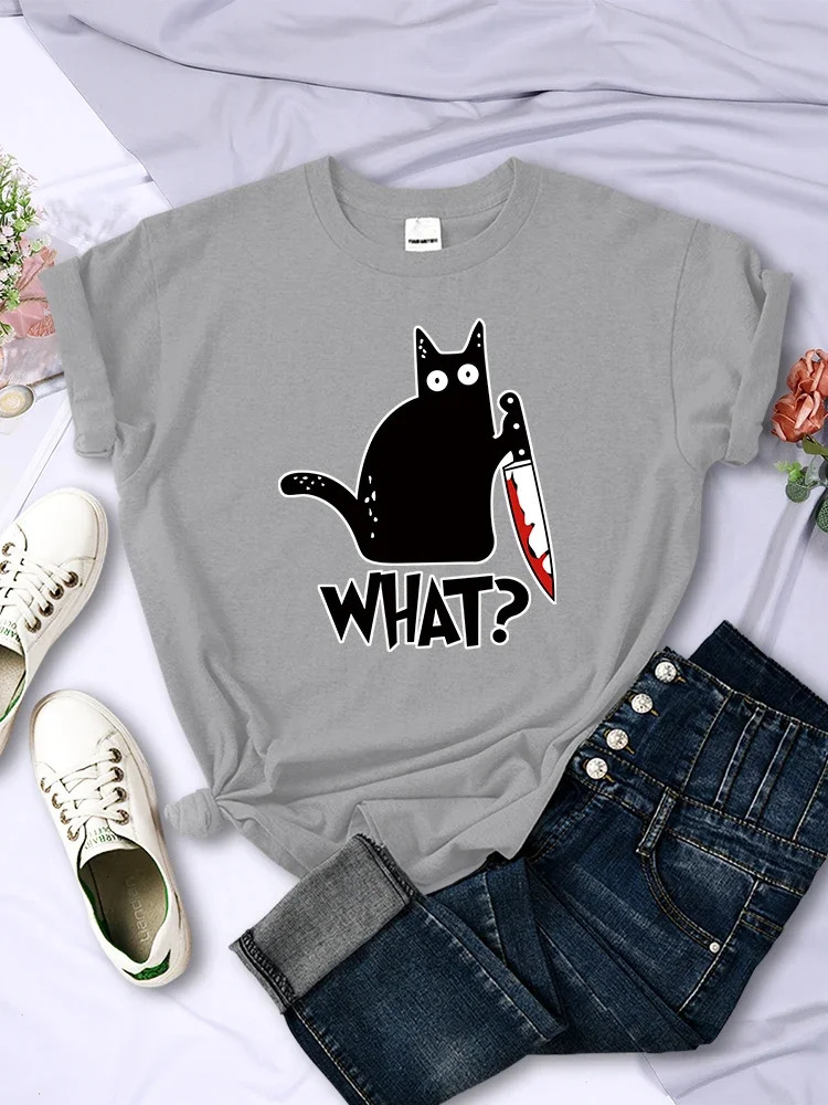 Kitchen Knife Black Cat Wha? Print Female Short Sleeve Fashion Women T-Shirts Summer Cool Men Tees Clothes Street Plus Size Tops 250417