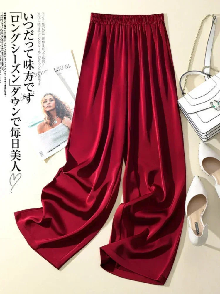 Ice Silk Wide-leg Pants Woman Summer Elastic Waist Satin Straight Trousers Solid Casual LOOSE Acetate Womens Pants 250415