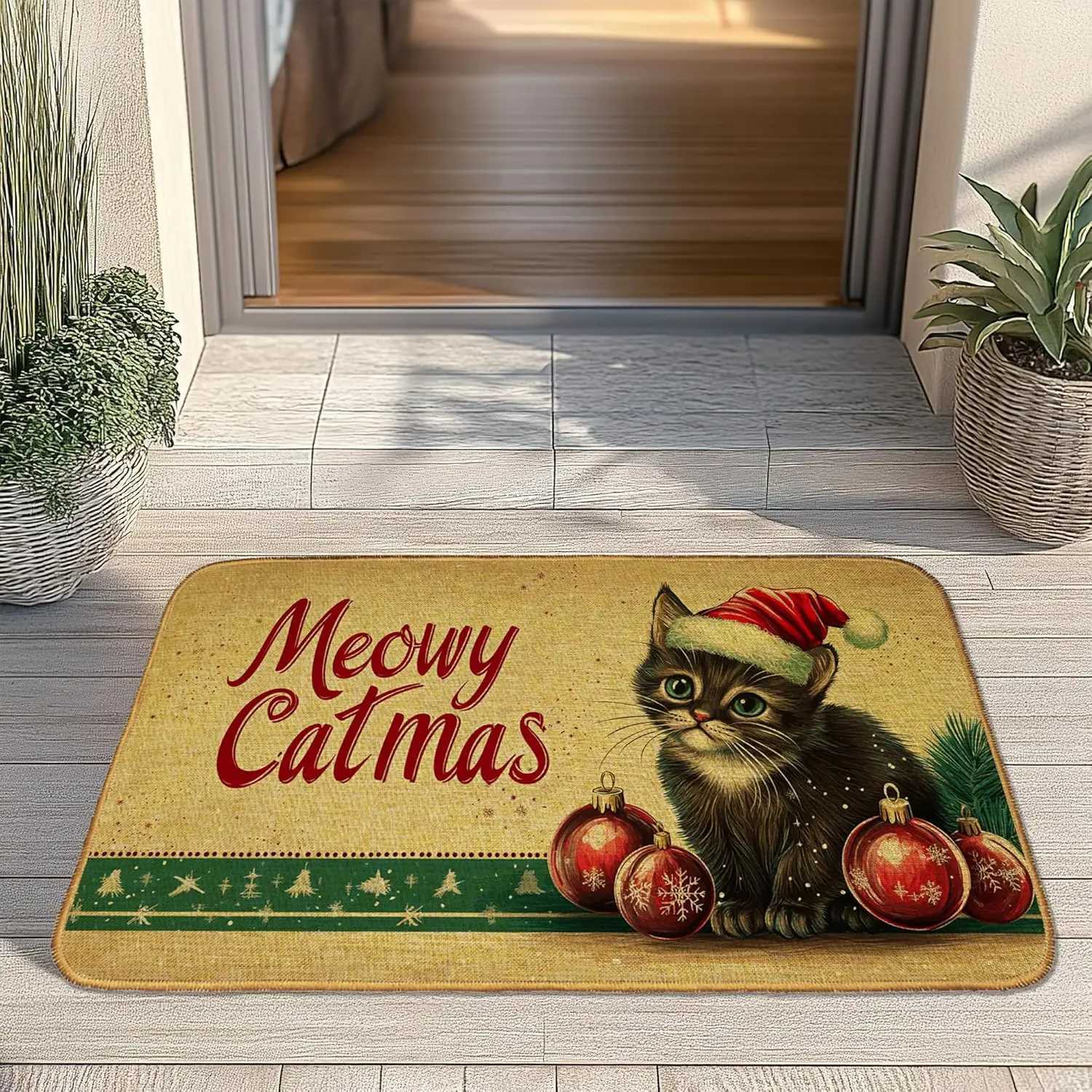 Christmas Fun Cat Welcome Door Mat Non-Slip Front Doormat for Indoor Summer Porch Decor Low Profile Entrance Rug for HomeM251117