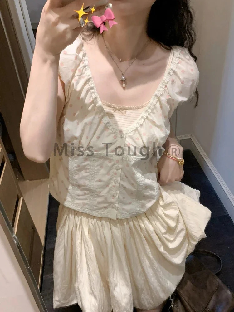 French Kawaii Polka Dot Puff Sleeve Lace Shirts Women Summer n Sense Sweet Shirt Patchwork Loose Bow Slimming Tops Trendy 250417
