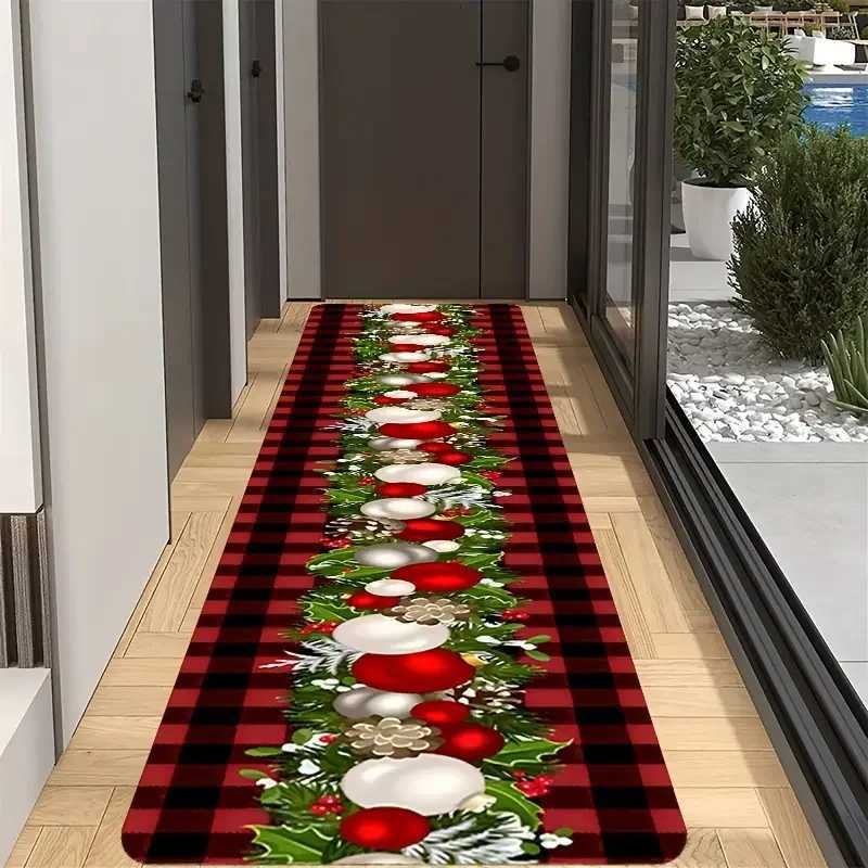 VIKAMA Christmas Tartan Runner Rug Soft And Non-Slip Design With Christmas Baubles And Bows Hallway Runner Mat For Home DecorM251117