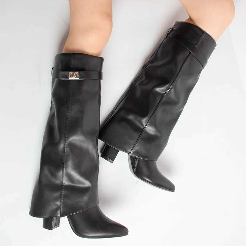 Autumn And Winter Wens Fion Metal Buckle Knee High Boots Pointed Toe High Quality Keep Warm Ladies Sexy Mid Top Boots Y251117