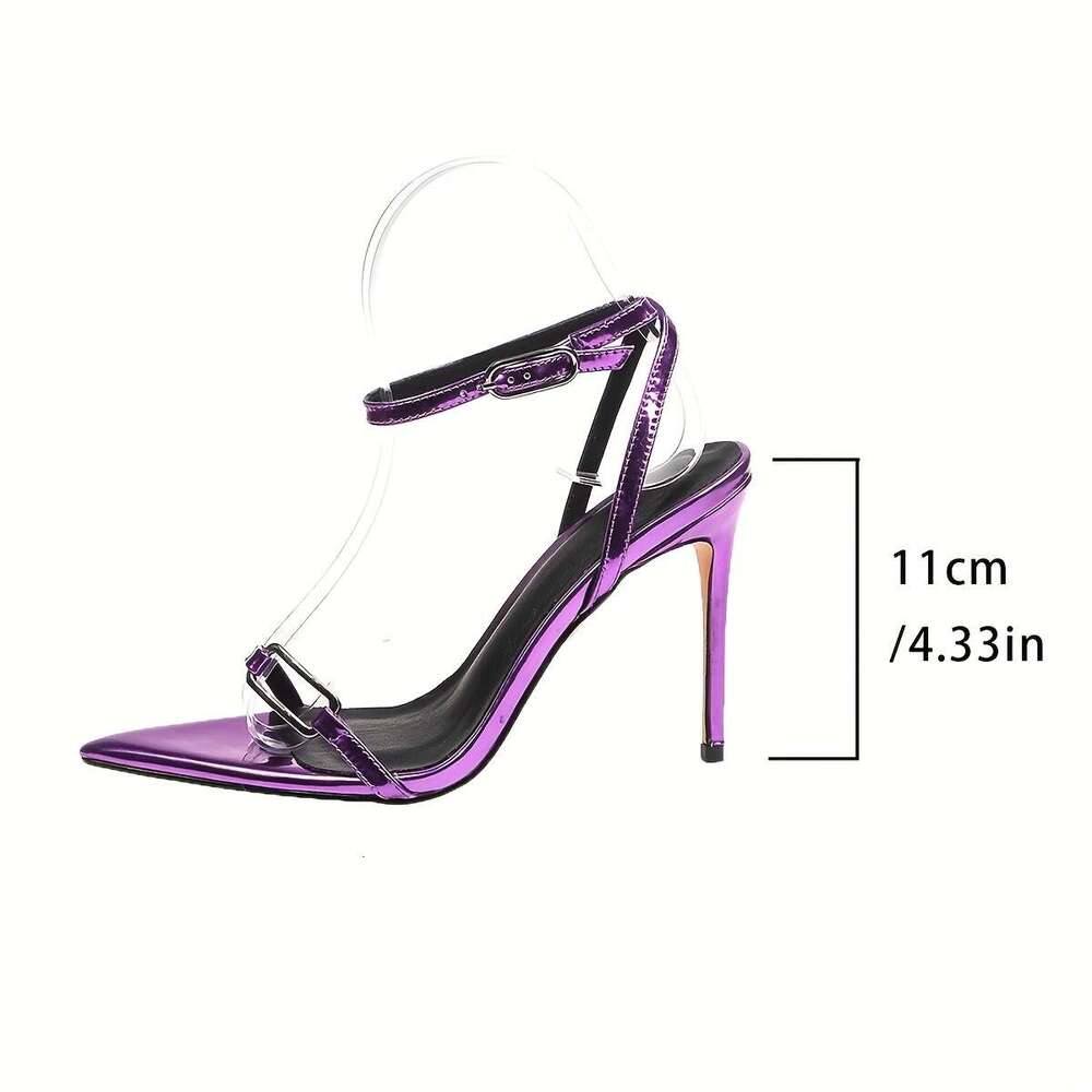 Women's Pointed Toe Ankle Strap Stiletto Heel Mettalic Purple Laced Up Strap Sandals
