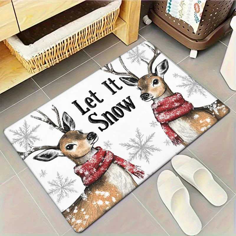 Open-1pc Winter Christmas Door Mat Flannel Thickness High-Quality Reindeer with Let it Snow Print Skid Mat for WinteM251117