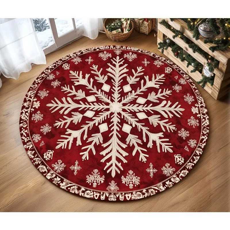 Christmas Snowflake Print Red Round Mat Lovely Home Decoration Stain Resistant Rug Non Slip Carpet Retro Dining Room Area RugM251117