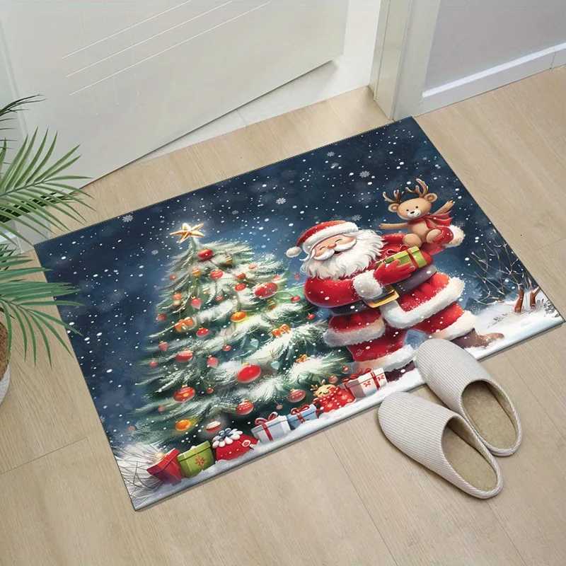 Christmas Santa Claus Rug with Reindeer and Tree Design - Festive Holiday Living Room Carpet Seasonal DecorationM251117