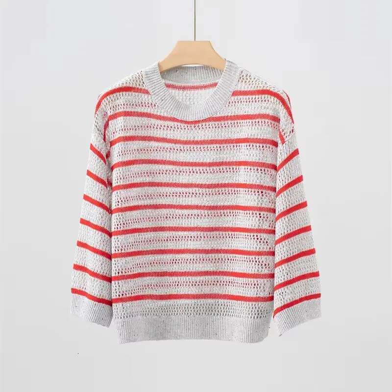 Naizaiga 100 EN O-Neck Long Sleeve Red Gray Striped Sequins Loose 2025 Spring Women Pullover Sweaters Ry15a