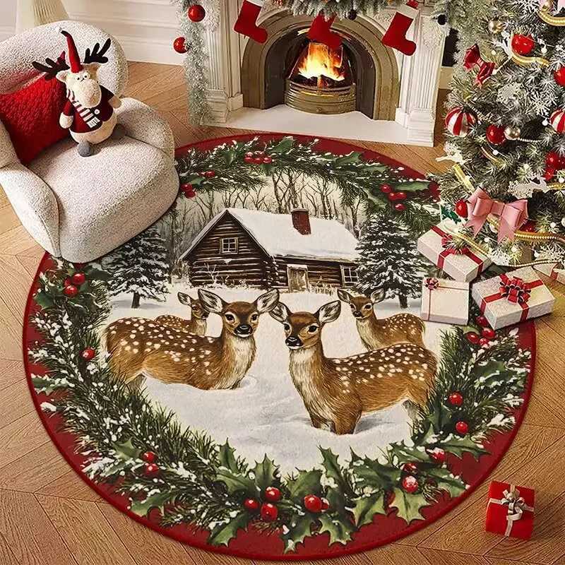 Christmas Winter Forest Round Rug Snowy Cabin Reindeer Design Dark Red Festive Wreath Carpet for Living Room Home DecorM251117