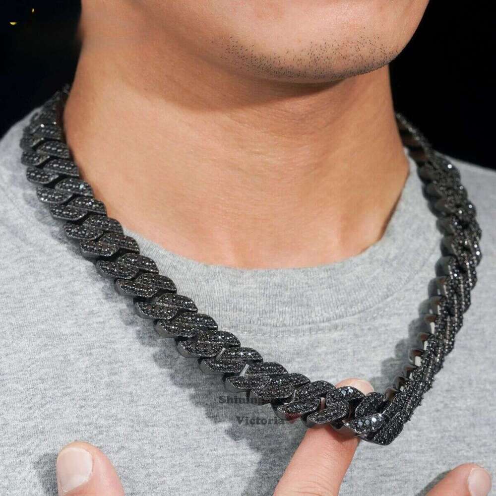 Thickness Big Hiphop Sterg Sier Gold Plated 18mm Moissanite Black Cuban k Chain