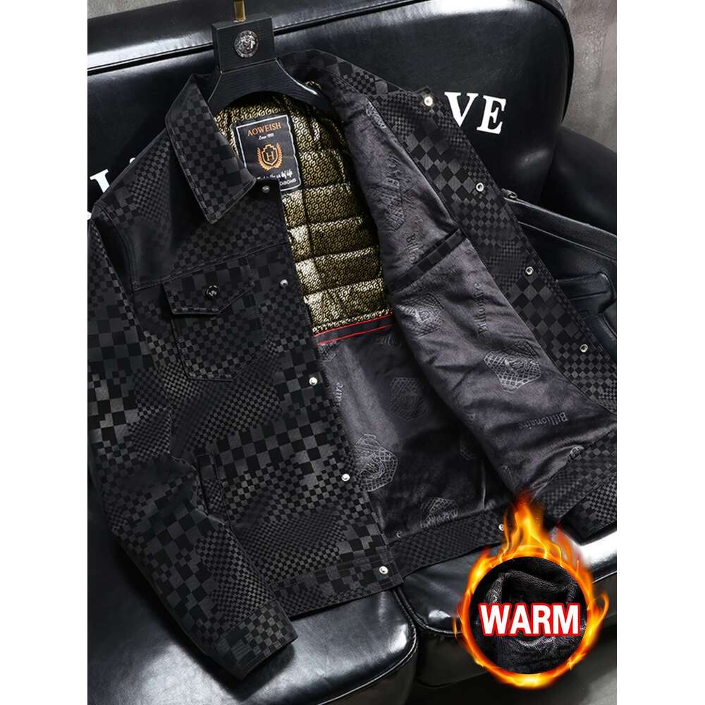 Men's Coat Polyester Men's Checkered PU Coat Jacket - Black Brown Houndstooth Pattern, Lapel Collar, Single-Breasted Button Front With Chest