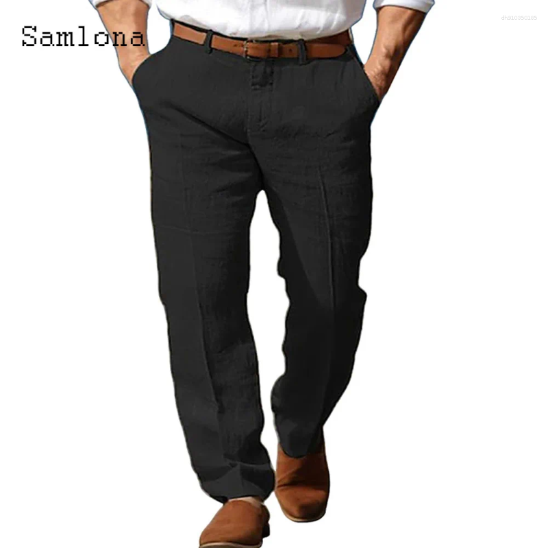 Men's Pants 2025 Men Elegant Stand Pockets Cotton Linen Solid White Black Ankle-Length Trouser Plus Size Mens Casual Straight