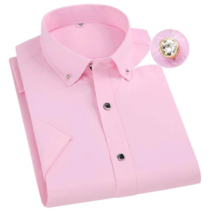 Fashion Formal Blue Shirt For Mens Short Sleeved Slim-Fit Business Classic Basic Diamond Button Wedding Social Shirts Male 250417