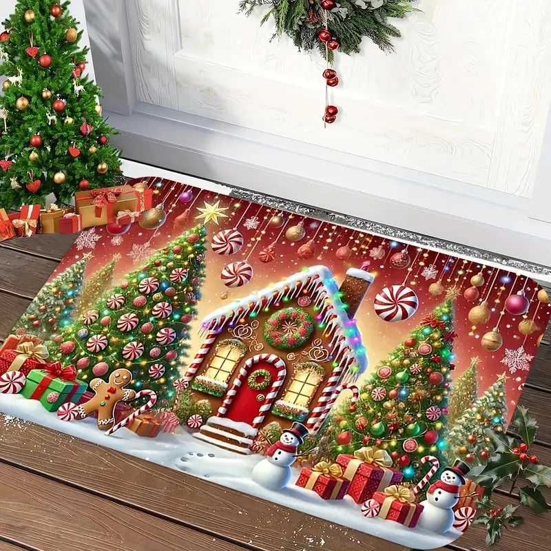 VIKAMA 1PC Christmas Doormat Featured Gingerbread House and Tree Design for Living Room Bedroom Kitchen Holiday DecorM251117