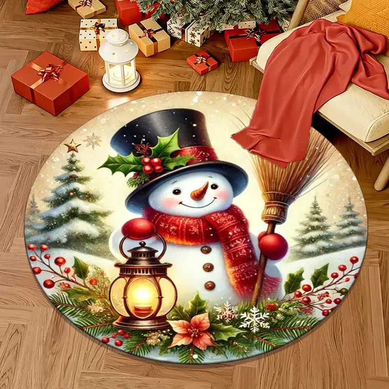 Round Crystal Velvet Rug Snowman Christmas Lantern Holiday Scene Festive Decor Round Rug Winter Wonderland Theme GiftM251117