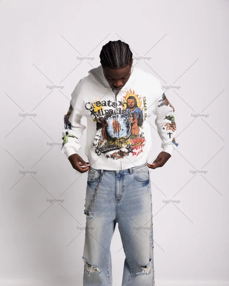 Hip-hop American Y2k Hoodie Godfather Print Fashionable Oversized Zipper Sweatshirt Women Casual Personality Retro Clothing Men 250415