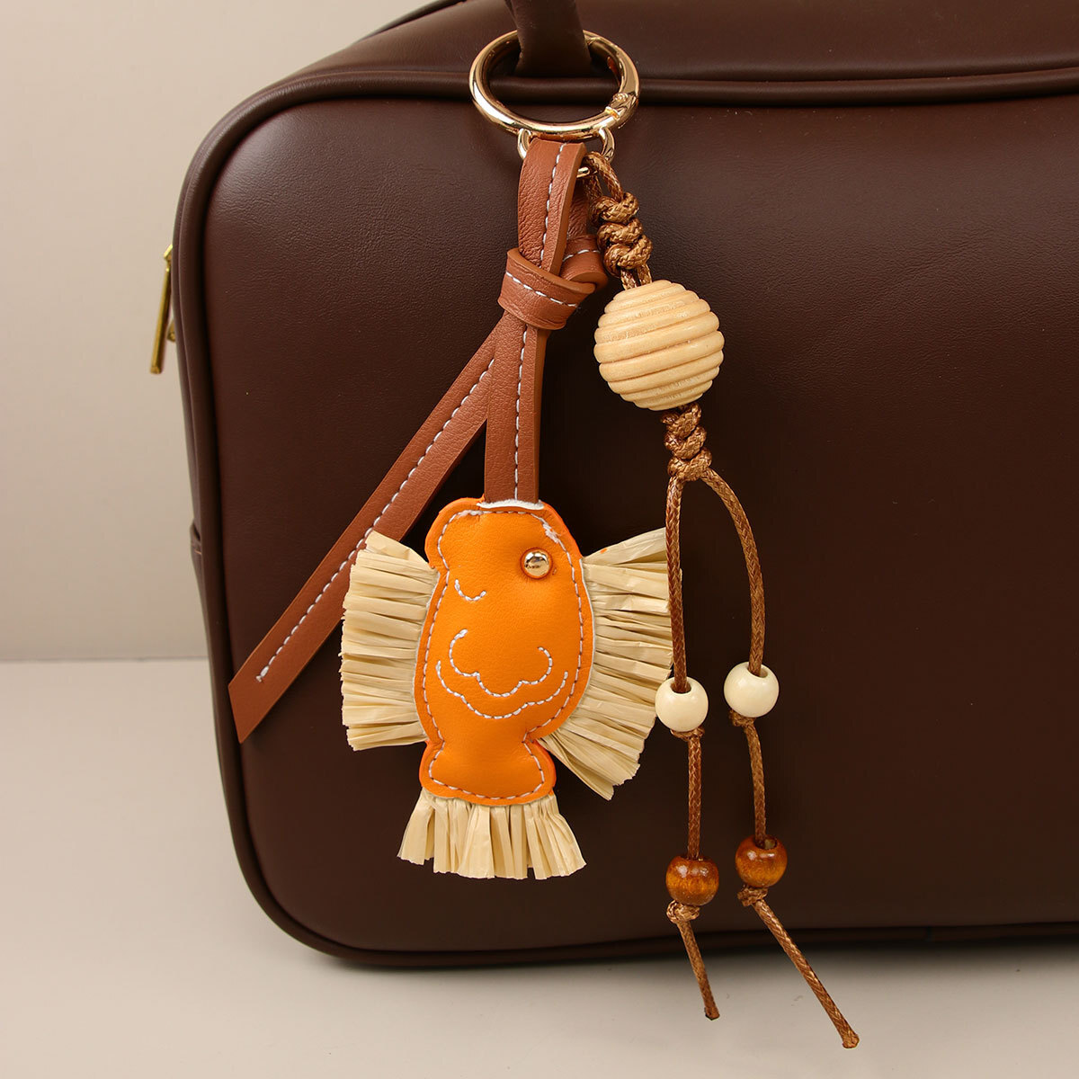 designer bag charm new year series yearly pu patchwork raffia small fish wooden bead woven rope creative bag pendant car hanging