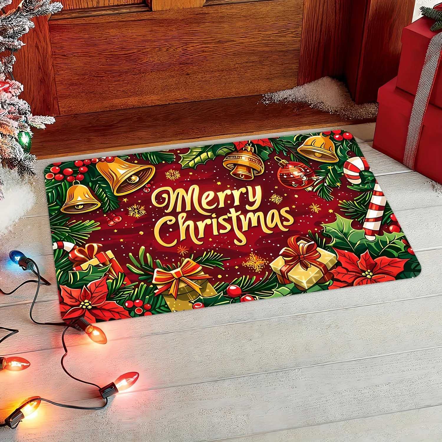 Christmas Cheer Extra Large Doormat with Bells and Flowers - Indoor/Outdoor Welcome Mat for Home Decor Farmhouse Style Thick FM251117