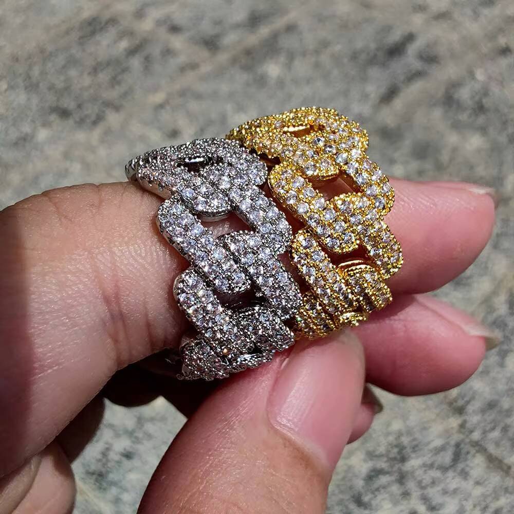 Moissanite Trendy Hip Hop Men Gold Diamond Ring Gold Plated Bling Cubic Zircon Iced Out Cuban Chain Rings