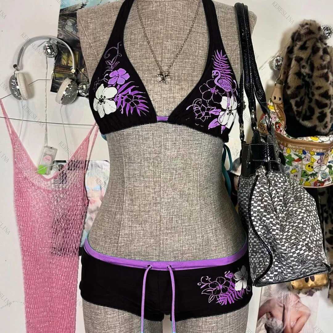 Retro floral print cute 2 sets of bikini 2000s swimsuits sexy womens swimsuits fashionable camisole swimsuits street womenW250417