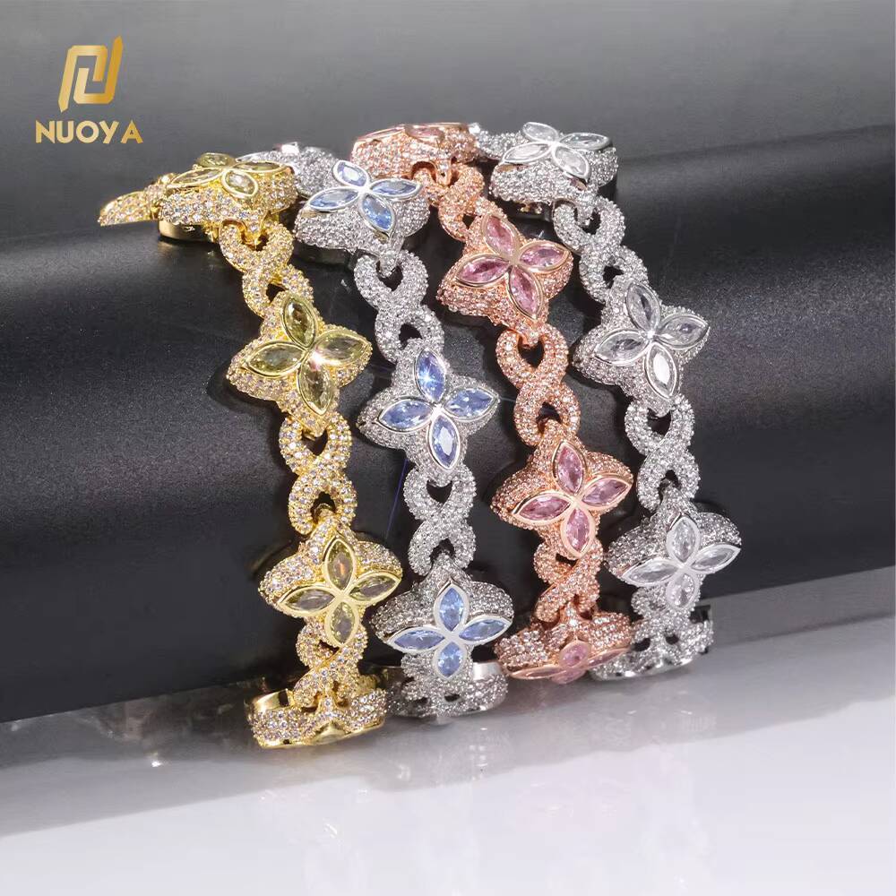 Moissanite Iced Out Hip Hop Jewelry 8mm Diamond Flower Chain Four Leaf Clover Bracelet Silver Cubic Zirconia Gift for Anniversary Party
