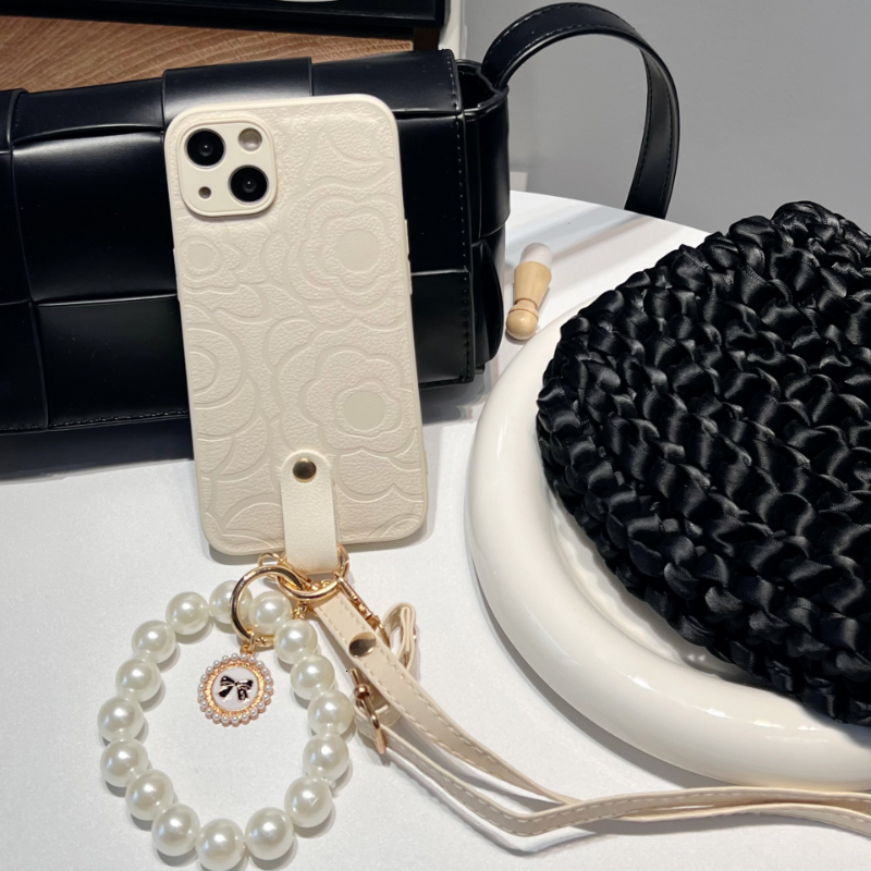 Pearl Hand Chain Camellia Phone Case Compatible iPhone 17 Pro Max Crossbody Lanyard Case iPhone 16/15 Pro