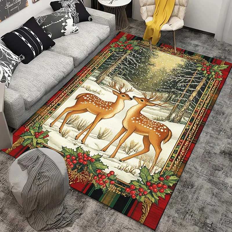 Winter Deer Christmas Rug for Festive Season Snowy Landscape Carpets Holiday Home Decor Anti slip carpet can be machine washedM251117