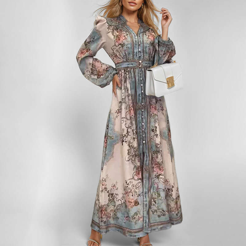 Dress Women Designer Luxury 2025 Women's New Elegant V-Neck Fashion Printed Long Sleeve Dress