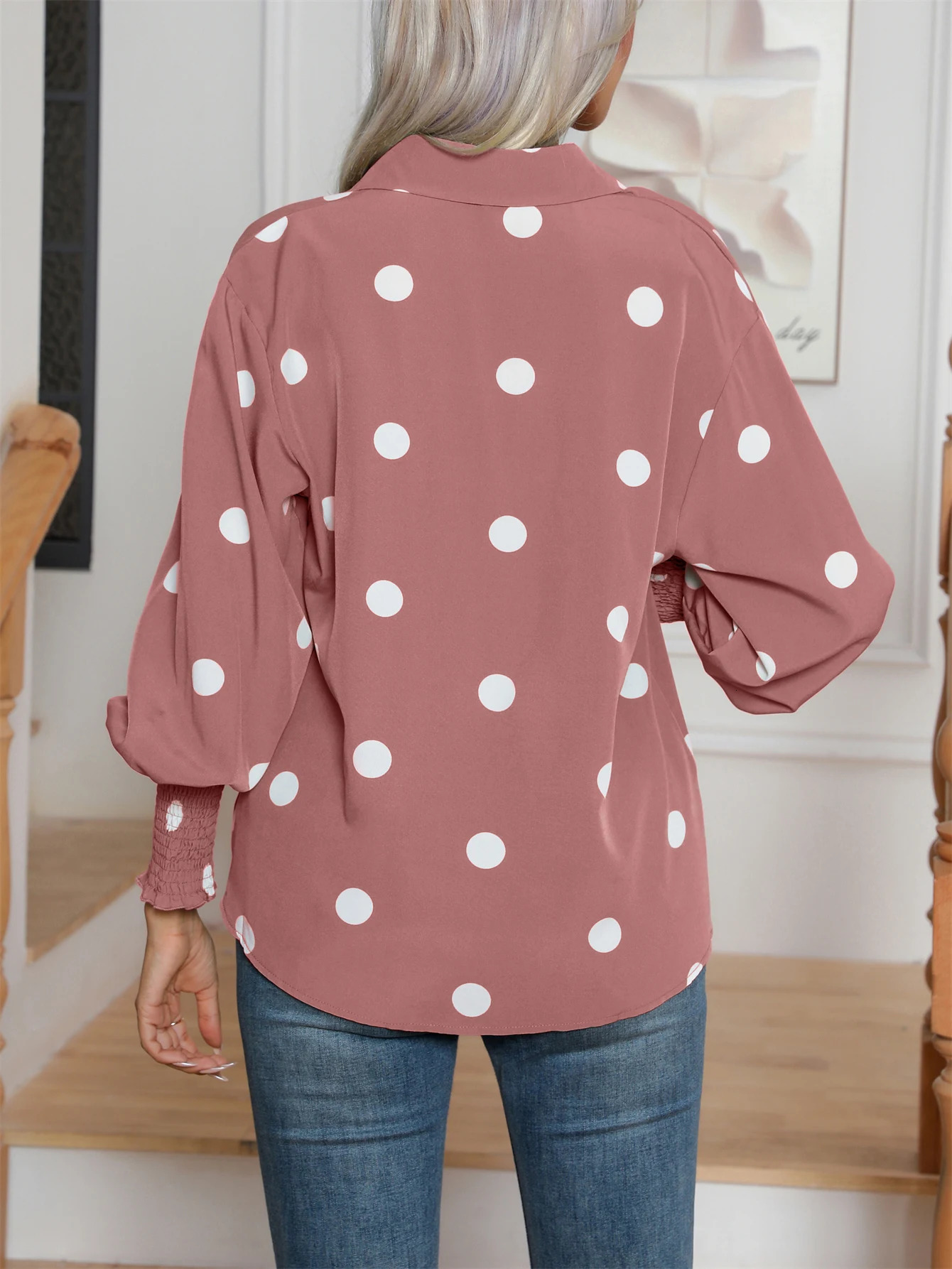 Casual Lapel Button Down Balloon Polka Dot Print Lantern Sleeve Shirt Womens Clothing 250417