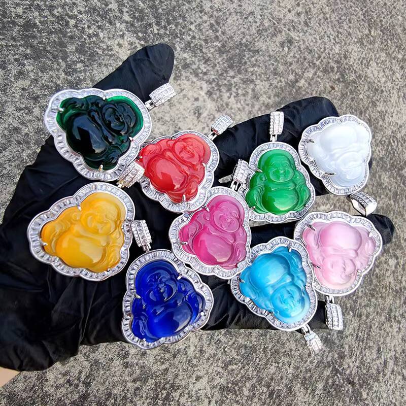 Hip Hop Icy Clear Cubic Zircon Buddah Baguette Buddha Pendant Cz Stone Jade Buddha Necklace