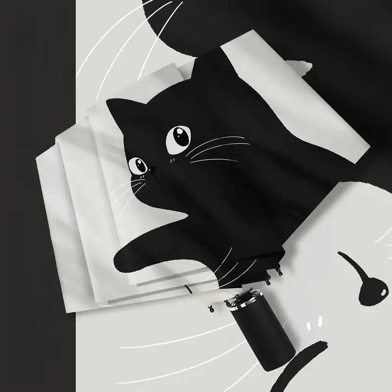 Black and white cat three-fold umbrella dual-purpose automatic sunshade rainproof sunscreen and UV protection portable C251117