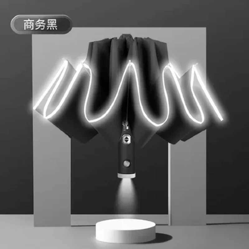 New Auto Open Close Light-emitting LED Reverse Umbrella Ten-bones Three-folding Automatic Business Umbrella with Light C251117