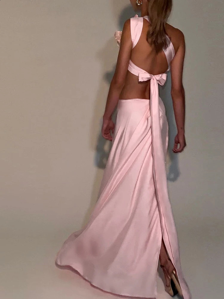 Weird Puss Sequin Flowers 2Piece Set Women Sexy Beach Vacation y2k Chic Skew Collar Tank TopsBandage Maxi Split Skirts Clubwear 250415