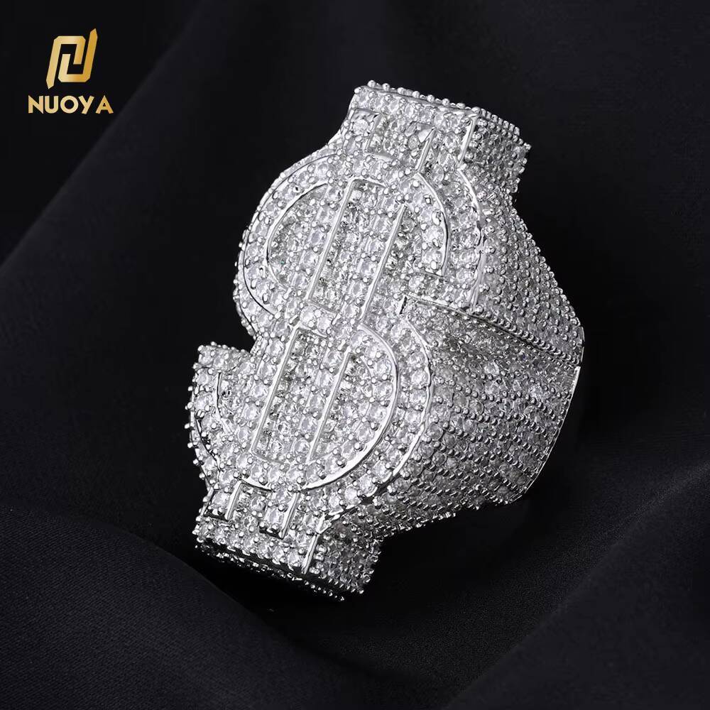 Moissanite Womens Trendy Fine Silver Plated Dollar Sign Ring Full Pave Iced Out Diamond Ring Hip Hop Party Jewelry
