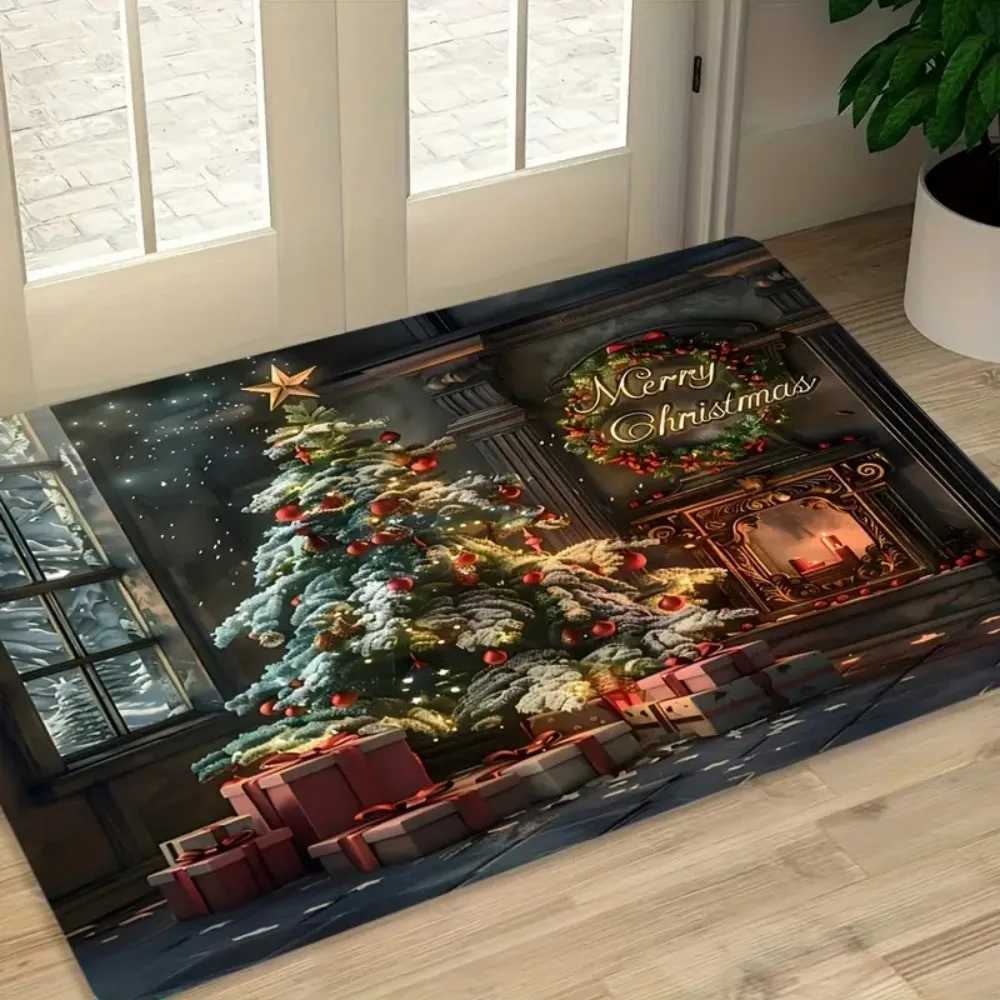1pcs Merry Christmas Premium Flannel Christmas Tree Fireplace Doormat Strap Non-Slip Washable Rug for Kitchen Den BathroomM251117